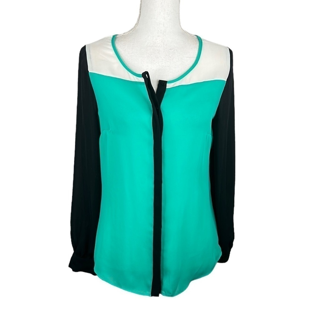Worthington Green White Black Button Down Sheer Top Size Small